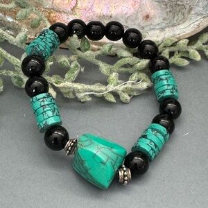Men’s Black Onyx and Turquoise Colored Beaded Bracelet Handmade